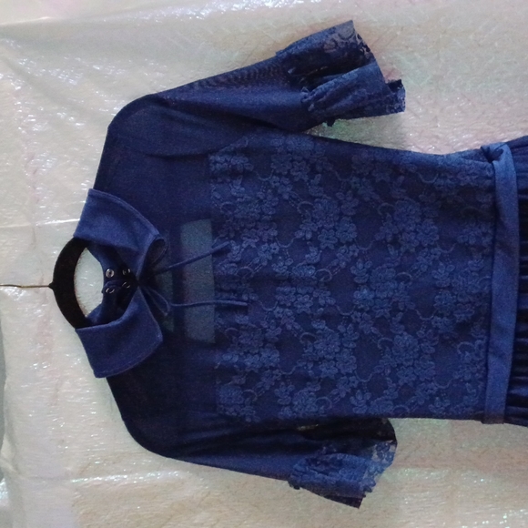 LACED ROYAL BLUE FRILLY AND FLIRTY SOPHISTICATED HALF SLEEVED DRESS - Picture 2 of 10